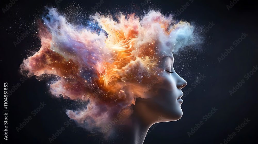 surreal visualization of woman profile with colorful clouds representing creativity and ideas. vibrant colors and cosmic elements evoke sense of wonder and imagination surreal visualization of woman profile with colorful clouds representing creativity and ideas. vibrant colors and cosmic elements evoke sense of wonder and imagination