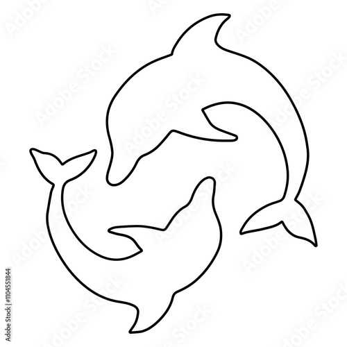 A pair of dolphins (family) in a stroke linear drawing. Vector illustration on a transparent background.
