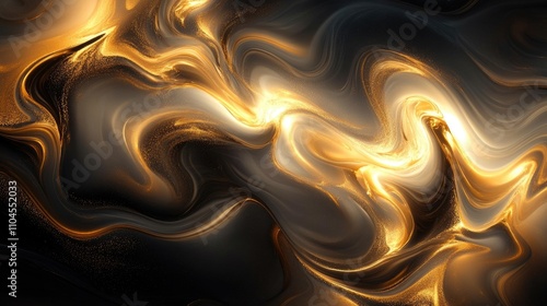 Gold and black sulfur particles in swirling motion, abstract background with delicate textures, soft gradients, and floating particle details photo