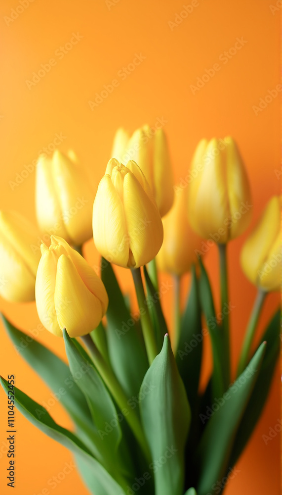 Bright yellow tulips against vibrant orange background Bright yellow tulips against vibrant orange background