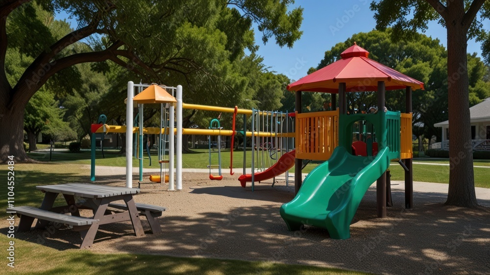 Sunny playground with picnic table, slides, and climbing structures under shade trees. Sunny playground with picnic table, slides, and climbing structures under shade trees.