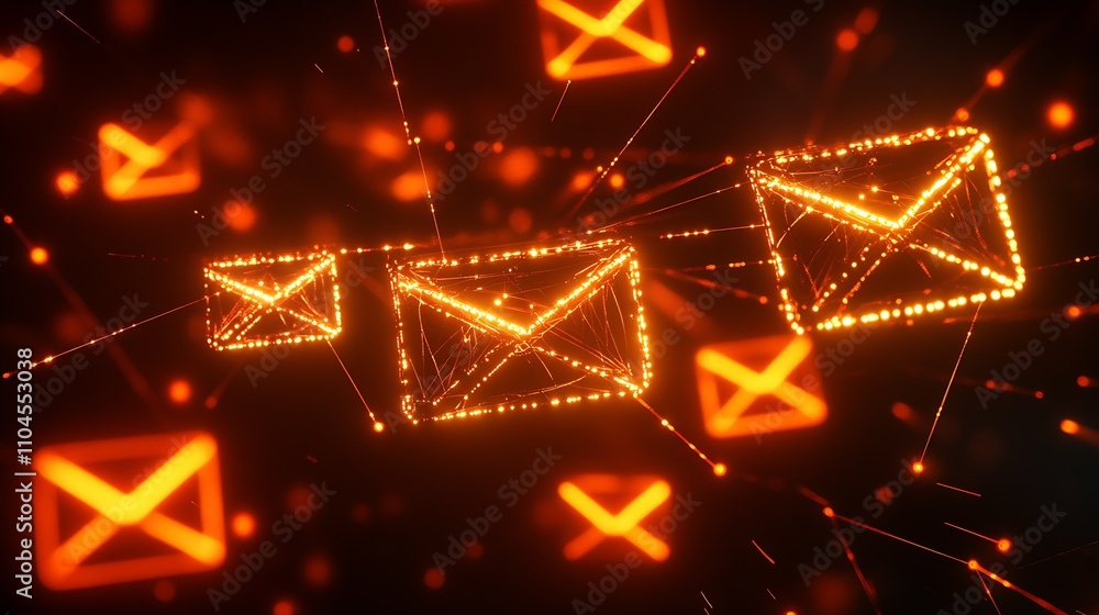 Fototapeta premium Abstract Digital Email Communication Network with Orange Glows and Dynamic Lines : Generative AI