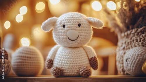 Wallpaper Mural Adorable Handcrafted Crochet Sheep Toy with Twinkling Warm Lights in Cozy Atmosphere : Generative AI Torontodigital.ca