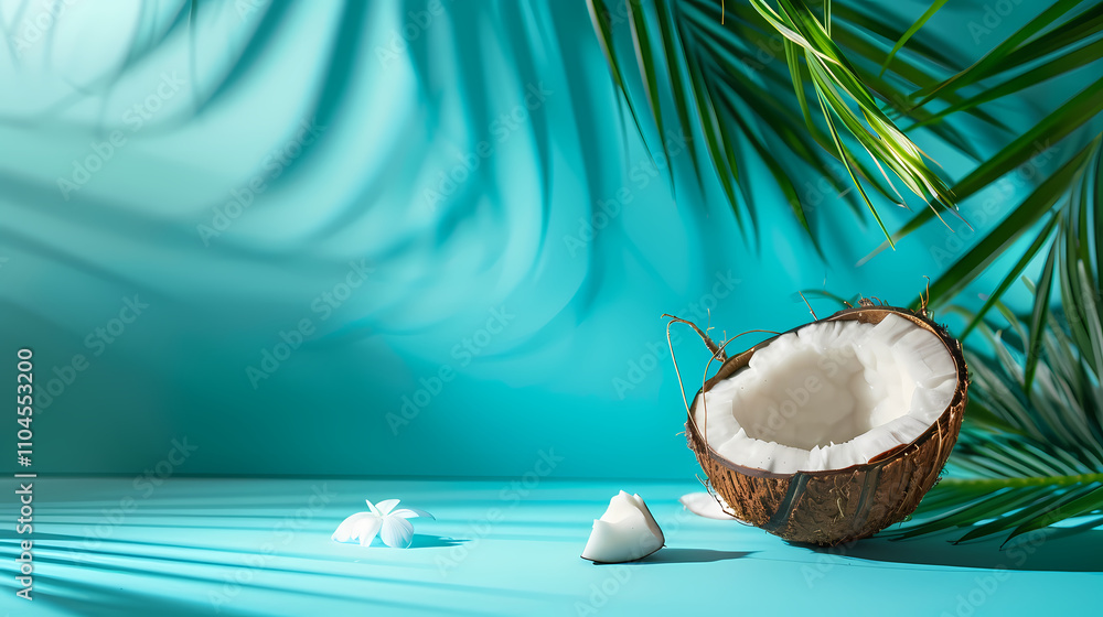 Tropical Getaway: Half a coconut rests on a vibrant teal background, adorned with lush palm leaves, evoking a sense of summer relaxation and escape. Tropical Getaway: Half a coconut rests on a vibrant teal background, adorned with lush palm leaves, evoking a sense of summer relaxation and escape.