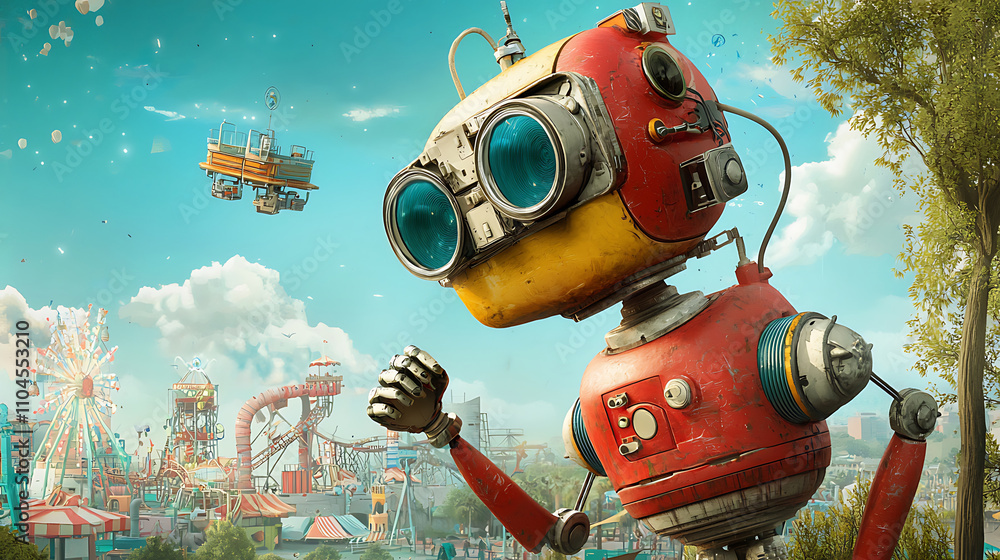 retro inspired AI automaton waves cheerfully in vibrant amusement park. colorful robot stands against backdrop of rides and floating attractions, evoking sense of nostalgia and wonder retro inspired AI automaton waves cheerfully in vibrant amusement park. colorful robot stands against backdrop of rides and floating attractions, evoking sense of nostalgia and wonder