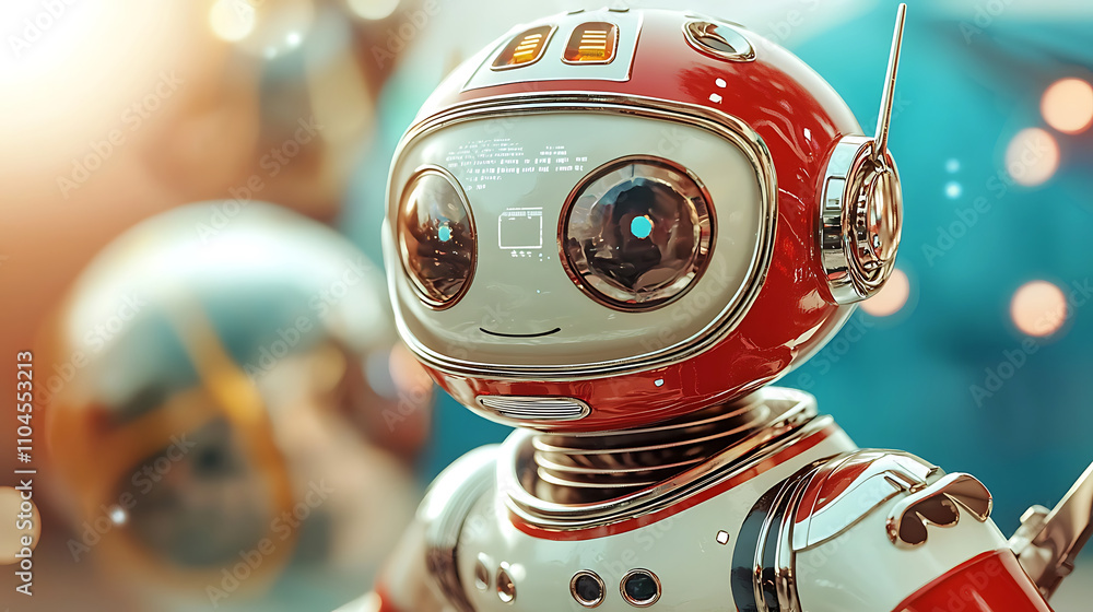 retro inspired robot with shiny red exterior and large expressive eyes, set against colorful background. This charming automaton evokes nostalgia and wonder retro inspired robot with shiny red exterior and large expressive eyes, set against colorful background. This charming automaton evokes nostalgia and wonder