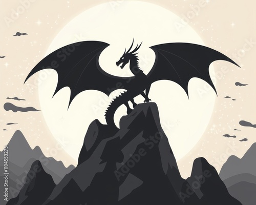 A majestic black dragon stands atop a rocky peak against a full moon backdrop, silhouetted by clouds. photo