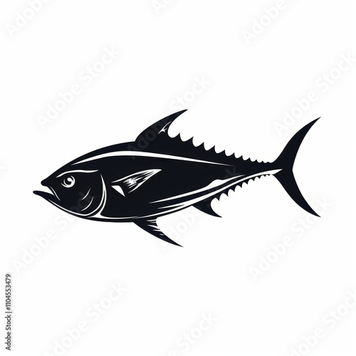 Stylized black and white illustration of a tuna fish, showcasing intricate details and dynamic lines. photo