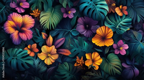Vibrant tropical flowers and leaves arranged in a lush, colorful pattern.