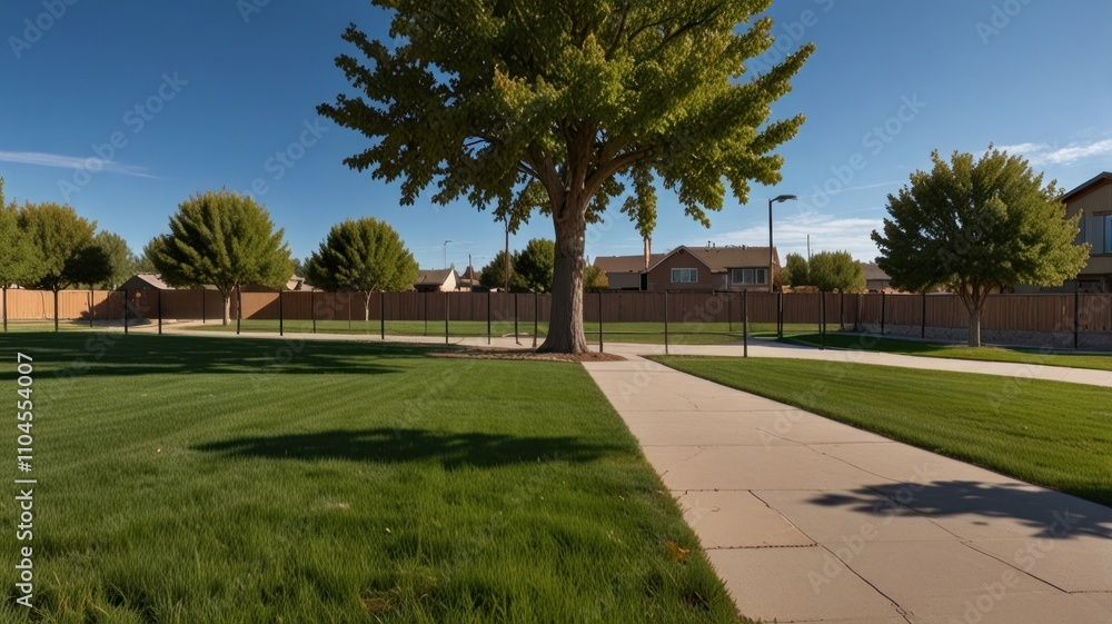 Obraz premium Suburban park path, green grass, trees, homes.