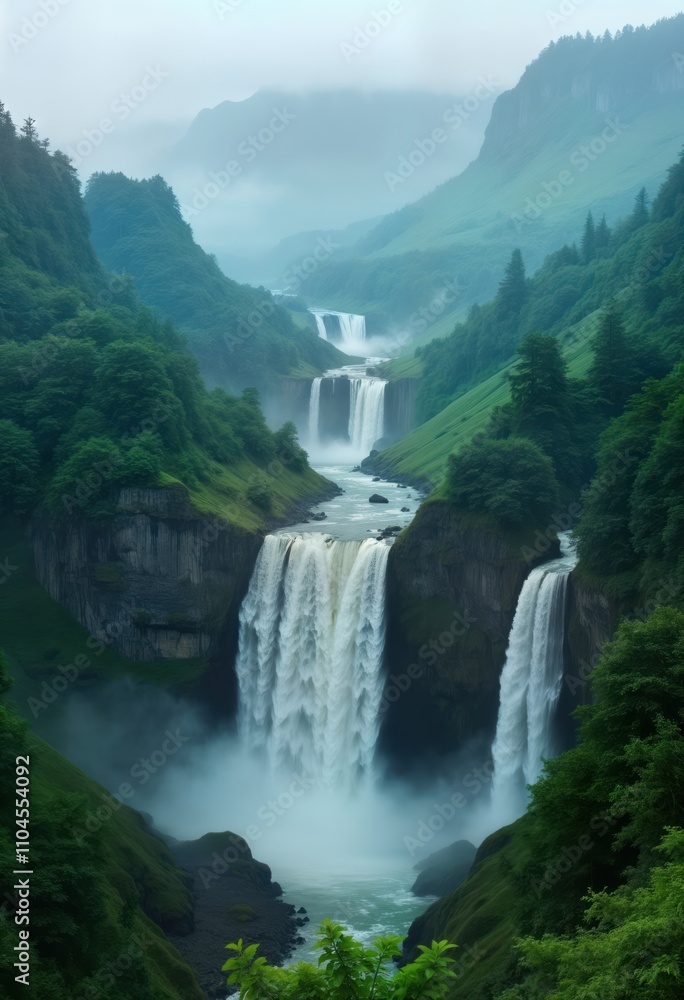 Majestic waterfall cascades down steep rocky cliffs surrounded by green plants. Misty atmosphere fills valley. Powerful water flow creates tranquil scene in nature. Scenic landscape. Dramatic Majestic waterfall cascades down steep rocky cliffs surrounded by green plants. Misty atmosphere fills valley. Powerful water flow creates tranquil scene in nature. Scenic landscape. Dramatic