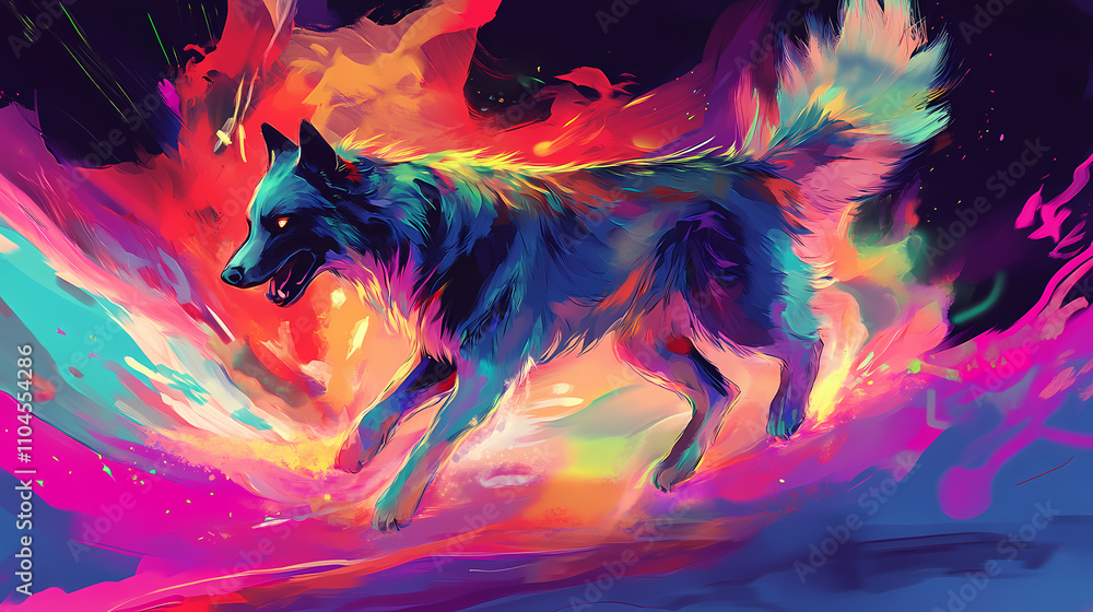 Dynamic guardian dog leading the way in a colorful, chromatic dance. Chromatic. Illustration Dynamic guardian dog leading the way in a colorful, chromatic dance. Chromatic. Illustration