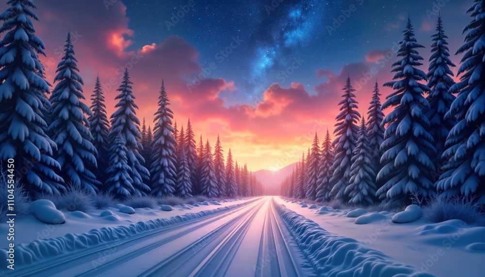 Snowy winter landscape shows path through trees, forest. Beautiful sunset sunrise with stars, milky way. Pathway made of snow. Frozen landscape. Nature scene in December. Pathway glistering, serene. Snowy winter landscape shows path through trees, forest. Beautiful sunset sunrise with stars, milky way. Pathway made of snow. Frozen landscape. Nature scene in December. Pathway glistering, serene.