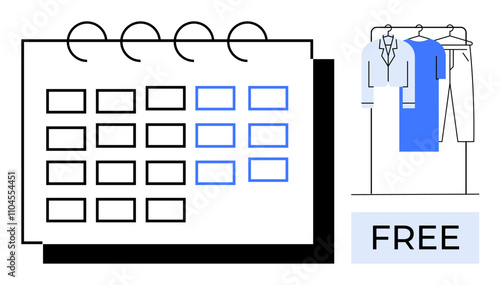 Calendar with marked dates, wardrobe with blue and white clothes, FREE sign. Ideal for scheduling, retail promotions, clothing stores, giveaways, planning fashion events marketing. Line metaphor