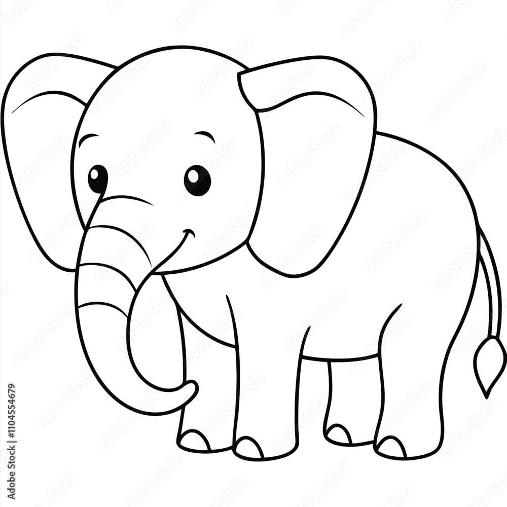 Cute Cartoon Illustration of a Smiling Elephant, Playful and Friendly Line Art Design with Simple Outline and Happy Expression in Black and White Cute Cartoon Illustration of a Smiling Elephant, Playful and Friendly Line Art Design with Simple Outline and Happy Expression in Black and White