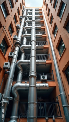 Large commercial building HVAC system installation showcased. Metal pipes, ducts form complex pattern. Building ventilation tech emphasized. View focuses on structure, function of air conditioning