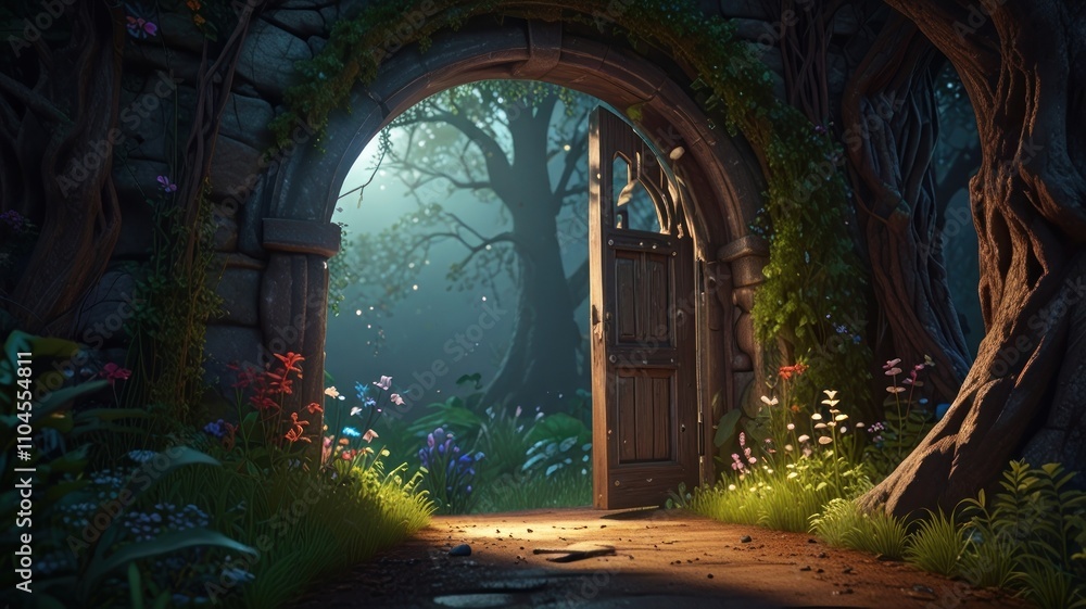 Open stone archway in enchanted forest, leading to a mystical tree. Open stone archway in enchanted forest, leading to a mystical tree.