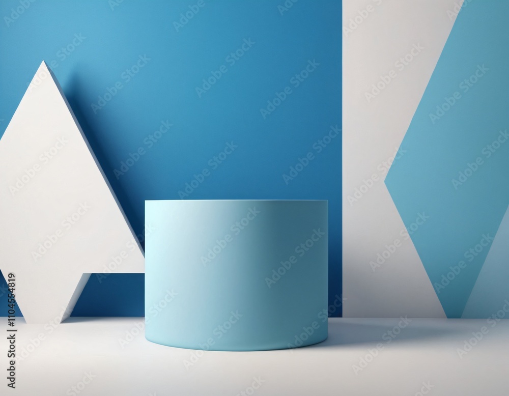 Fototapeta premium 3D background with realistic blue, white cylinder stand podium and overlap triangles wall scene. Pastel minimal mockup product display. Abstract geometric platforms. Stage showcase. Ai generated image