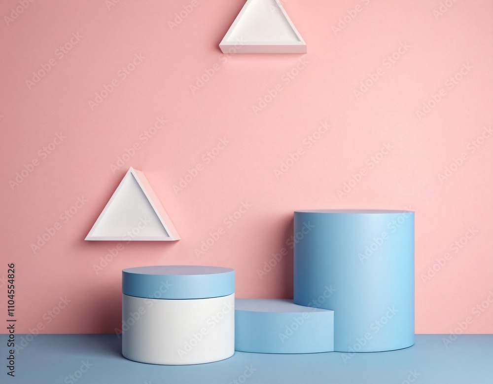 3D background with realistic blue, white cylinder stand podium and overlap triangles wall scene. Pastel minimal mockup product display. Abstract geometric platforms. Stage showcase. Ai generated image 3D background with realistic blue, white cylinder stand podium and overlap triangles wall scene. Pastel minimal mockup product display. Abstract geometric platforms. Stage showcase. Ai generated image