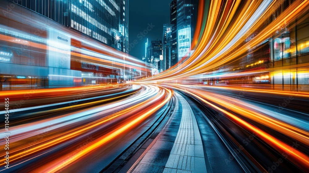 A vibrant cityscape at night, showcasing light trails of vehicles on winding roads. A vibrant cityscape at night, showcasing light trails of vehicles on winding roads.