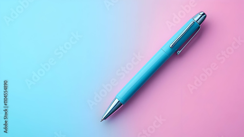 Pastel Blue Pen 3D Illustration on Pink and Blue Gradient Background