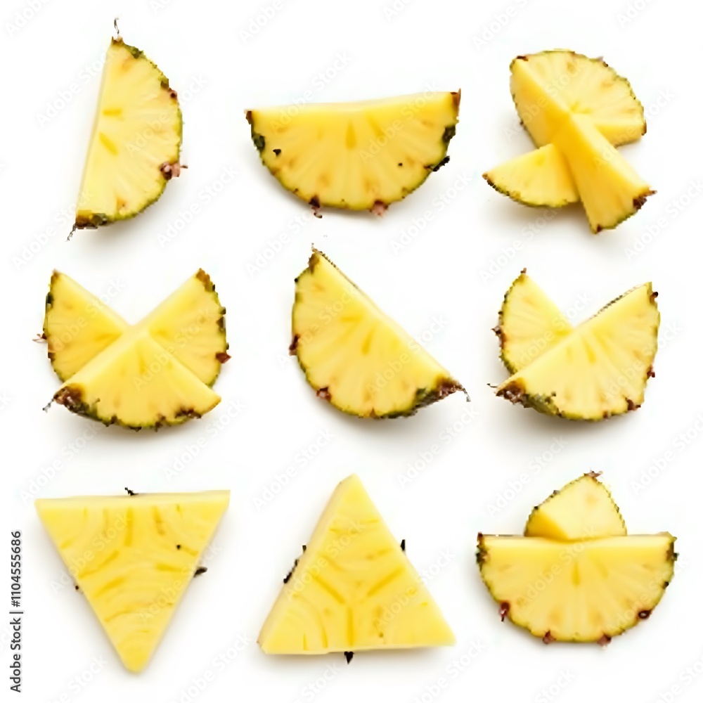 Collection of Fresh Pineapple Halves and Slices on a White Background, Tropical Fruit Concept Collection of Fresh Pineapple Halves and Slices on a White Background, Tropical Fruit Concept