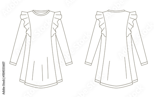 Technical flat sketch of a long-sleeve dress with ruffle details on the shoulders, front and back views displayed in black outline on a white background