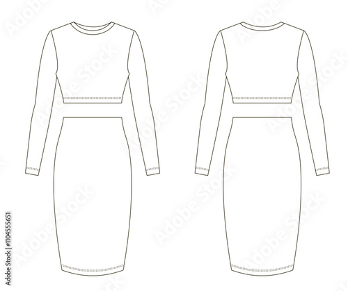 Technical flat sketch of a two-piece outfit featuring a crop top with long sleeves and a high-waisted pencil skirt, front and back views displayed in black outline on a white background