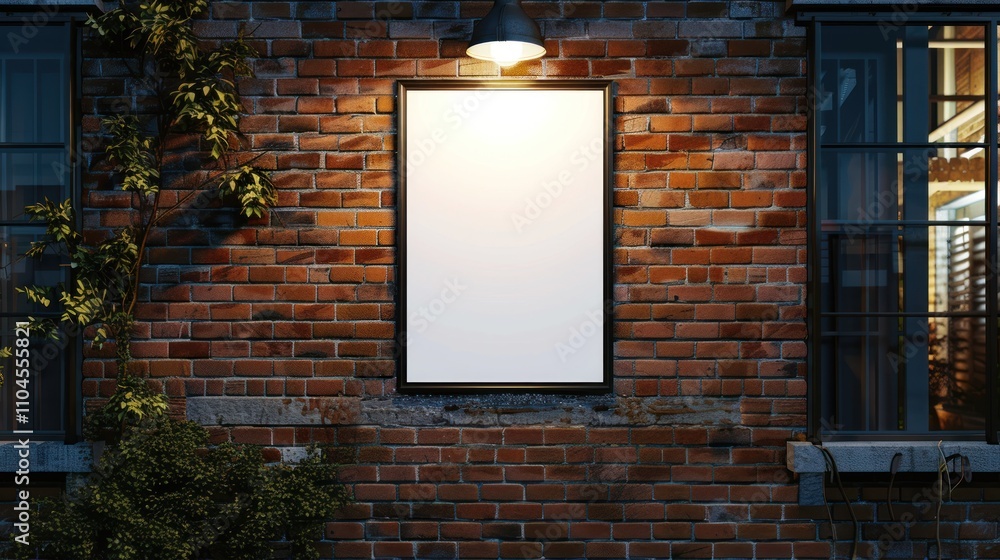 A blank framed poster illuminated on a brick wall, ideal for advertising or art display. A blank framed poster illuminated on a brick wall, ideal for advertising or art display.