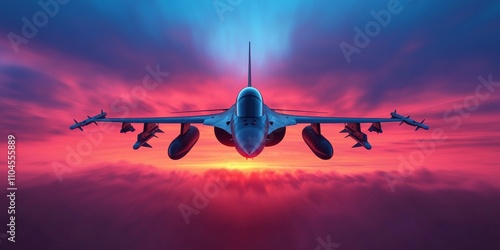 Fighter jet in flight at sunset aerial photography dramatic sky high-performance aircraft