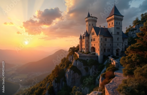 Wallpaper Mural Historic castle sits atop mountain ridge. Golden hour light bathes castle in warm hues. Dramatic mountain landscape surrounds castle with valleys, forests. Scenic view. Beautiful natural landscape Torontodigital.ca