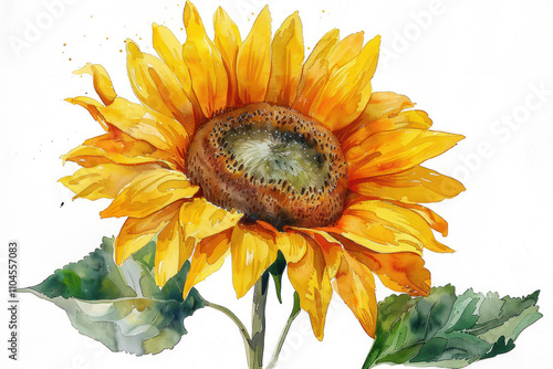 simple watercolor painting of sunflower, white background,.     photo