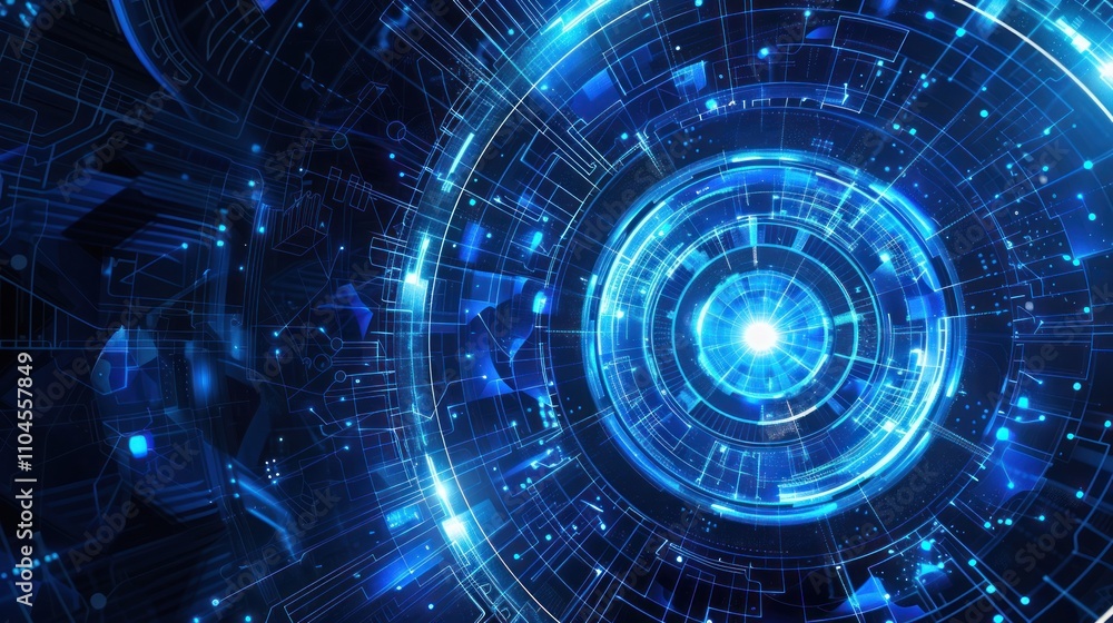 Fototapeta premium Abstract digital design featuring glowing blue circles and lines, symbolizing technology and data.