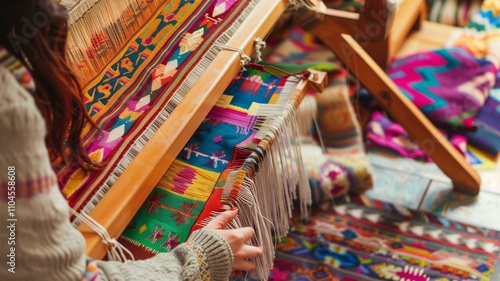 Focused weavers crafting vibrant textiles on traditional looms
 photo