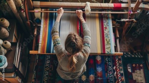 Focused weavers crafting vibrant textiles on traditional looms
 photo