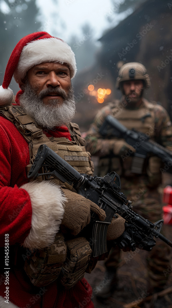 Fototapeta premium Santa Claus Soldier in Tactical Gear Holding Rifle in a War Zone