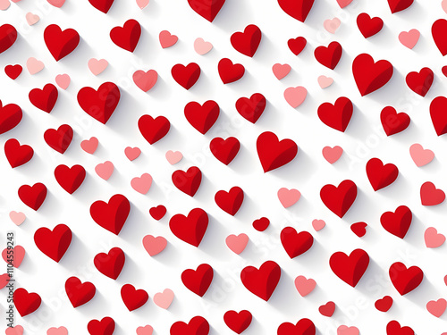 a seamless pattern of small red hearts on white background, papercraft style.