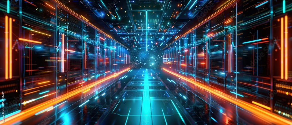 A futuristic hallway with vibrant lights and digital elements, suggesting advanced technology. A futuristic hallway with vibrant lights and digital elements, suggesting advanced technology.