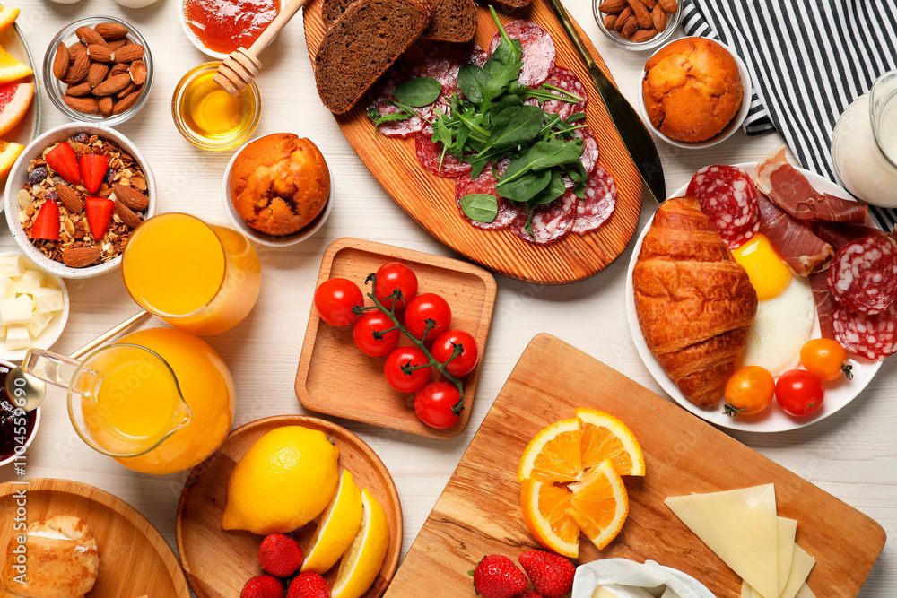 Different tasty food served for brunch on white wooden table, flat lay Different tasty food served for brunch on white wooden table, flat lay