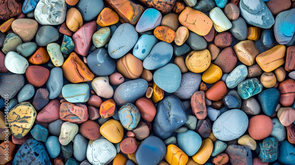 Colorful Pebble Beach: A close-up view of a vibrant collection of smooth, colorful pebbles, capturing the beauty and texture of the natural world. The background is blurred. Colorful Pebble Beach: A close-up view of a vibrant collection of smooth, colorful pebbles, capturing the beauty and texture of the natural world. The background is blurred.