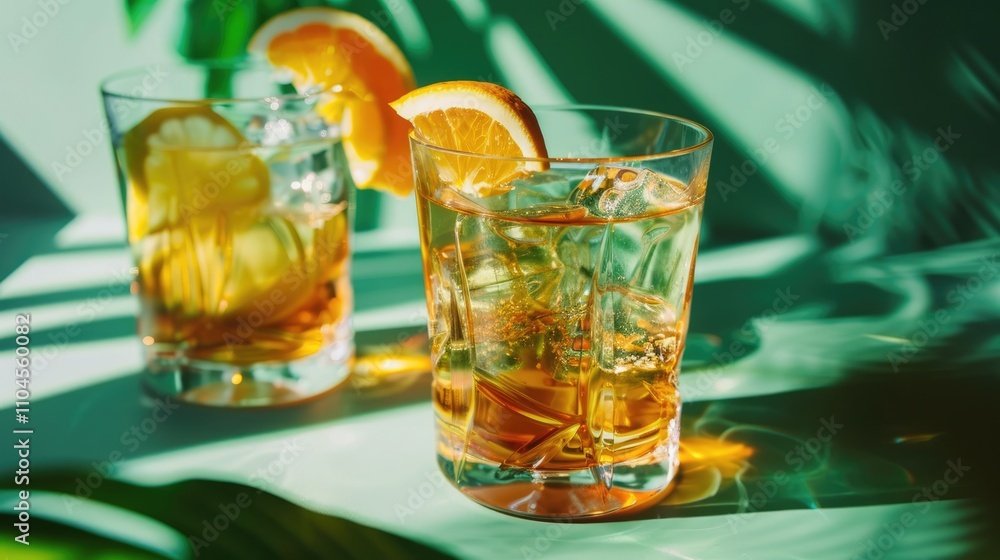 Aesthetic arrangement with gin tonic and whiskey on vivid green backdrop Aesthetic arrangement with gin tonic and whiskey on vivid green backdrop
