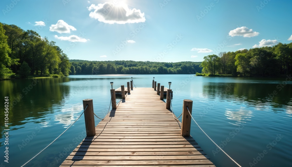 Obraz premium Serene lake landscape with wooden pier. Tranquil water reflects nature. Peaceful summer getaway. Ideal for relaxation, quiet enjoyment. Ample space for personalized messages. Scenic view of horizon.