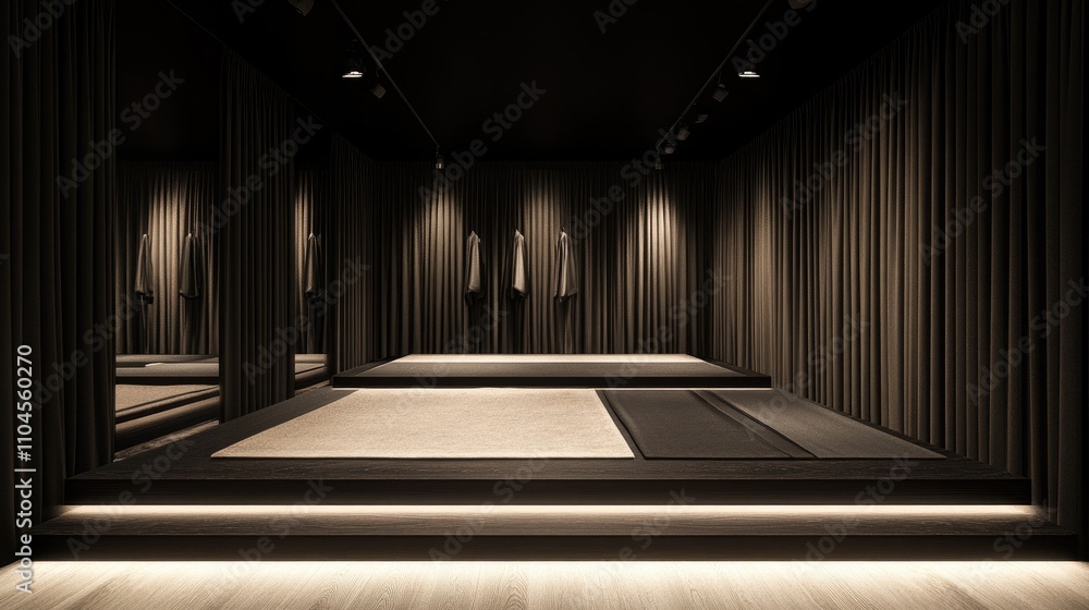 Dark modern minimalist room with wooden walls, beige rug, and clothes hanging. Dark modern minimalist room with wooden walls, beige rug, and clothes hanging.