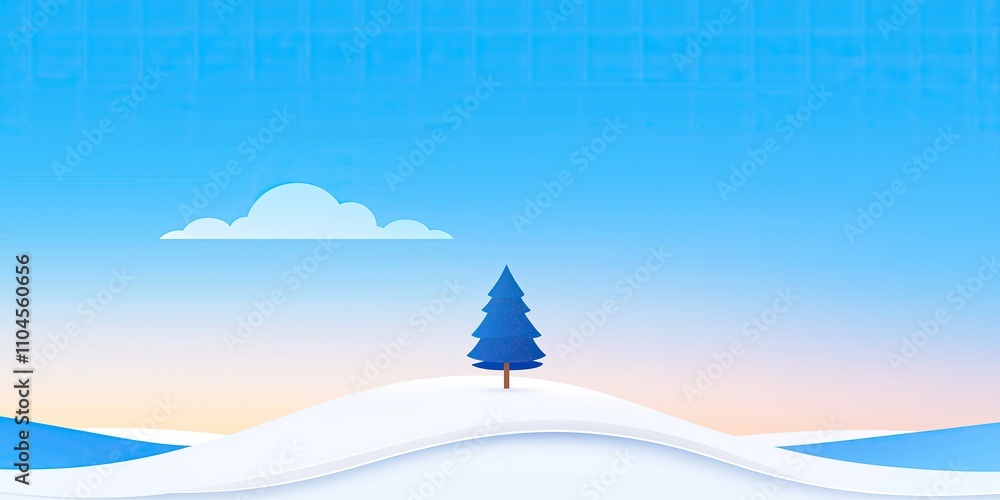 Naklejka premium Minimalistic winter landscape featuring a simple blue pine tree atop a snowy hill, serene blue sky with gentle gradient hues of orange and white, tranquility and calmness, winter banner