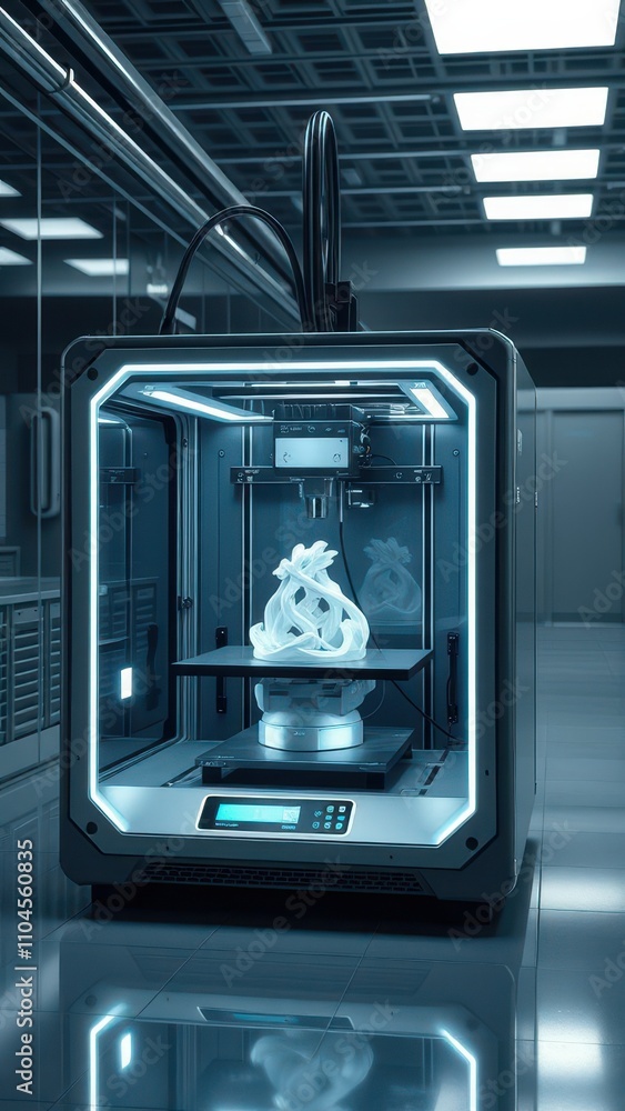 Fototapeta premium 3D printer creating intricate design in futuristic manufacturing facility, manufacturing, design