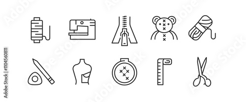 Sewing icons. Set of 10 sewing trendy minimal icons. Example: Dressform, Hanger, Thread, Fabric, Sewing machine icon. Design signs for web page, mobile app, packaging design. Vector illustration.