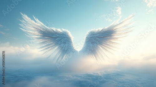 Majestic angel wings soar above the tranquil clouds bathed in soft pastel colors showcasing ethereal beauty and serenity capturing the essence of dreams and hope in a divine setting photo