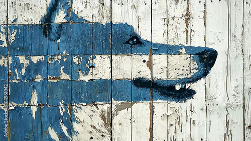 Colorful wolf mural on weathered wooden boards showcases layered paint and artistry photo