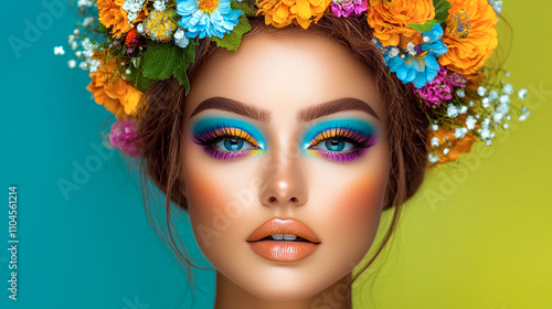 Vibrant floral beauty with bold makeup captures the essence of springtime enchantment and colorfulness in a lively portrait