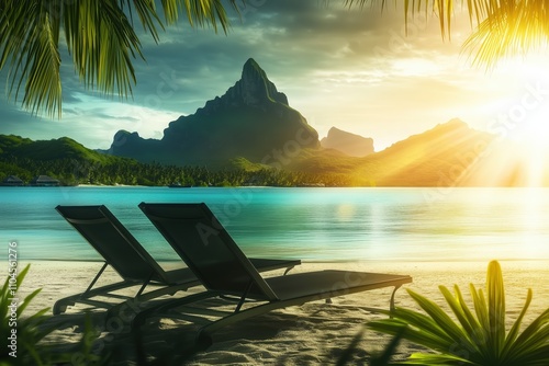 Two lounge chairs on a tropical beach facing crystal-clear waters and majestic mountains, bathed in golden sunlight by Generative AI. photo